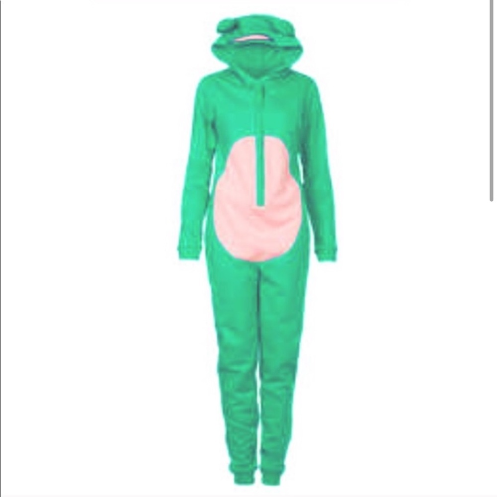 Topshop Loungewear Frog Hooded Jumpsuit Green Pink Small Pajamas One‎ Piece